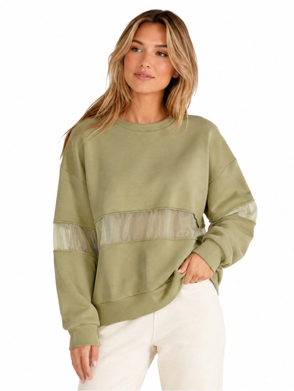 Anthropologie Olive Green Pullover Sweatshirt with Sheer Panels